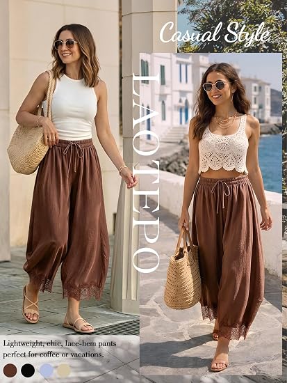 Women's Cropped Wide Leg Palazzo Pants Lace Trim Trousers with Pockets