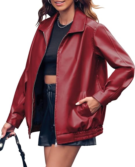 Miladusa Womens Leather Jacket Oversized Faux Casual Zip Up Bomber Jackets