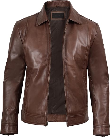 fjackets Men's Real Lambskin Leather Jacket — Shirt-Collar Moto Biker Style Year-Round Wear