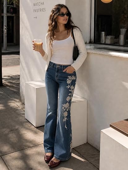 Women Bell Bottom Jeans Stretchy Flare Mid Rise Embroidery Vintage Denim Pants 90s Outfits Y2k Clothes