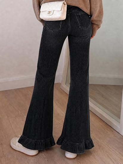 Imily Bela Women's Ruffle Hem Flare Jeans High Waisted Stretchy Denim Pants