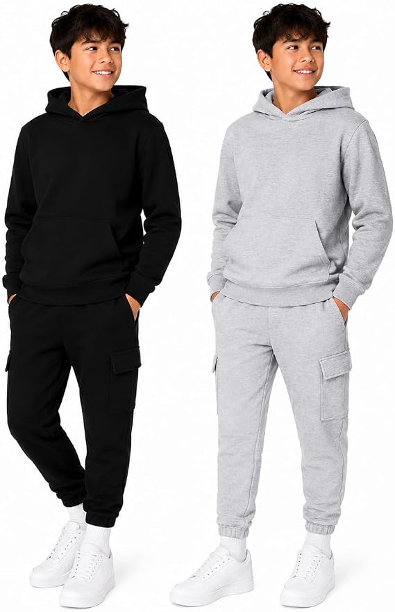 Quad Seven Boys Sweat Suit Set - 4 Piece Soft Fleece Pullover Hoodies and Athletic Cargo Jogger Sweatpants for Boys (5-18)
