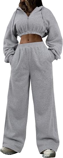 LovelyWholesale Sweatsuits Women 2 Piece Outfit Cropped Zip Up Hoodie and Sweatpants Sets